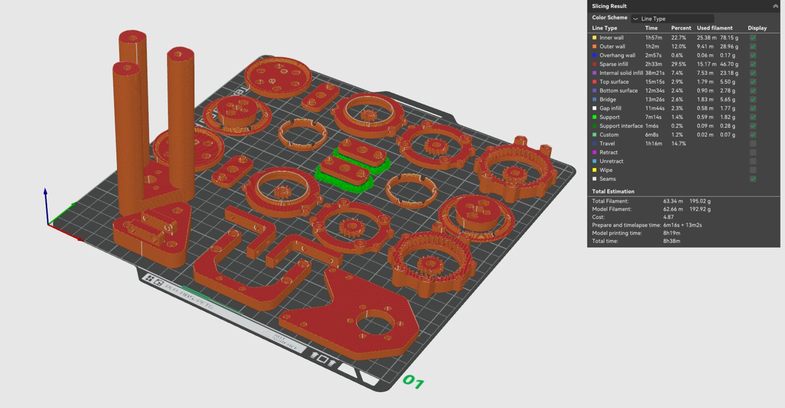 All parts laid out in the slicer, the full arm prints in a single build plate