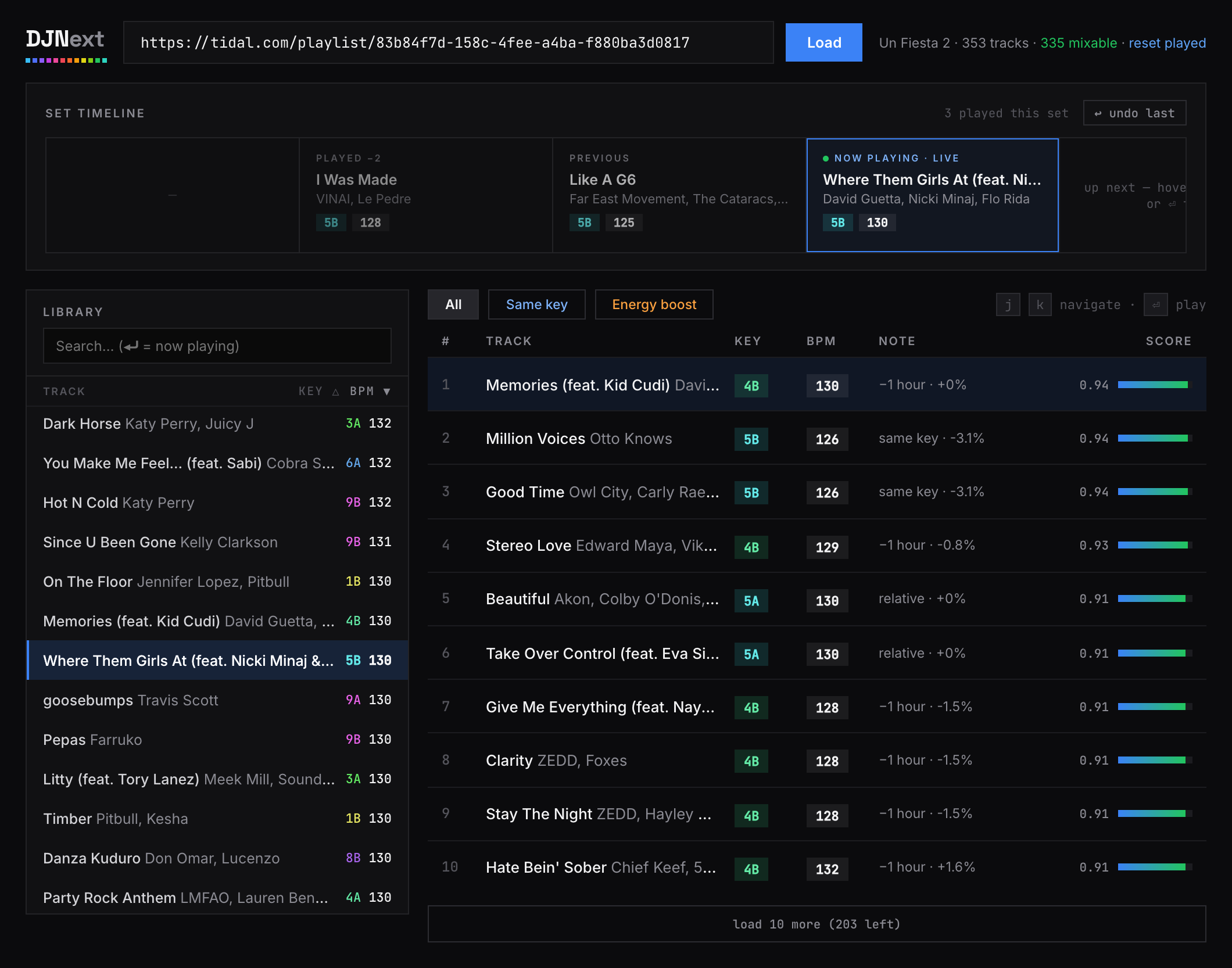 The DJNext set view: timeline rail of played tracks, library with key colors, and ranked suggestions